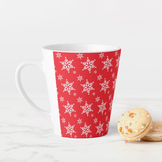 Snowflake Pattern, White Snowflakes, Snow, Red Latte Mug (In Situ)