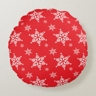 Snowflake Pattern, White Snowflakes, Snow, Red Round Cushion