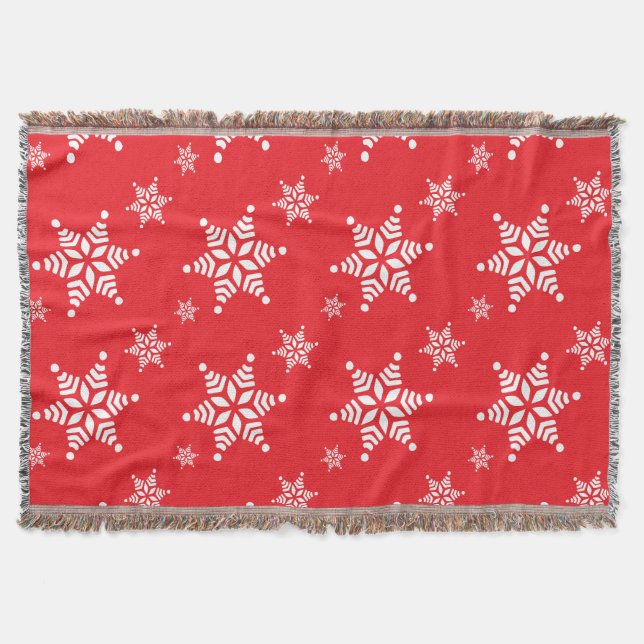 Snowflake Pattern, White Snowflakes, Snow, Red Throw Blanket (Front)