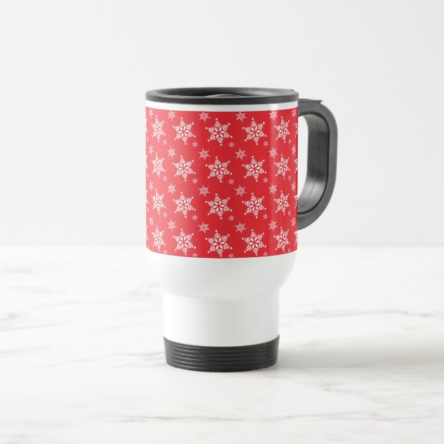 Snowflake Pattern, White Snowflakes, Snow, Red Travel Mug (Front Right)