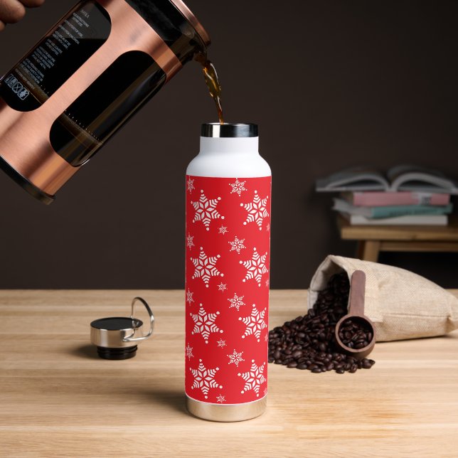 Snowflake Pattern, White Snowflakes, Snow, Red Water Bottle (Coffee)