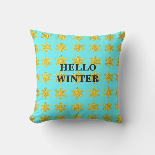 Snowflake Patterns Winter Typography Blue Golden Cushion (Front)