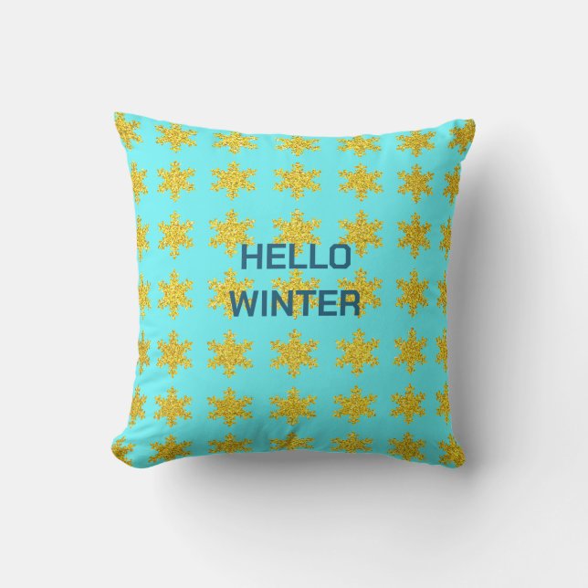 Snowflake Patterns Winter Typography Gold Blue Cushion (Front)