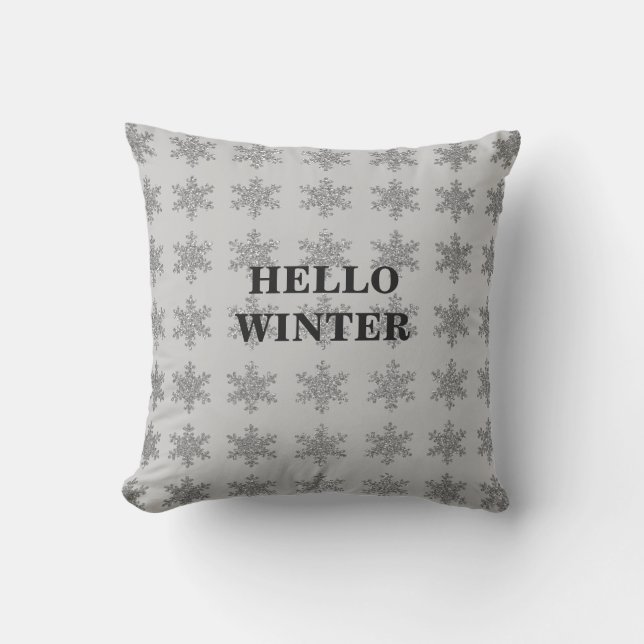 Snowflake Patterns Winter Typography Sparkle Grey Cushion (Front)