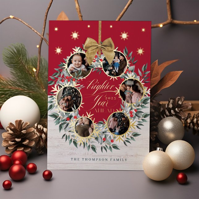 Snowflake Photo Collage Wreath Navy & White Wood F (Snowflake Photo Collage Wreath Navy & White Wood F Foil Holiday Card)