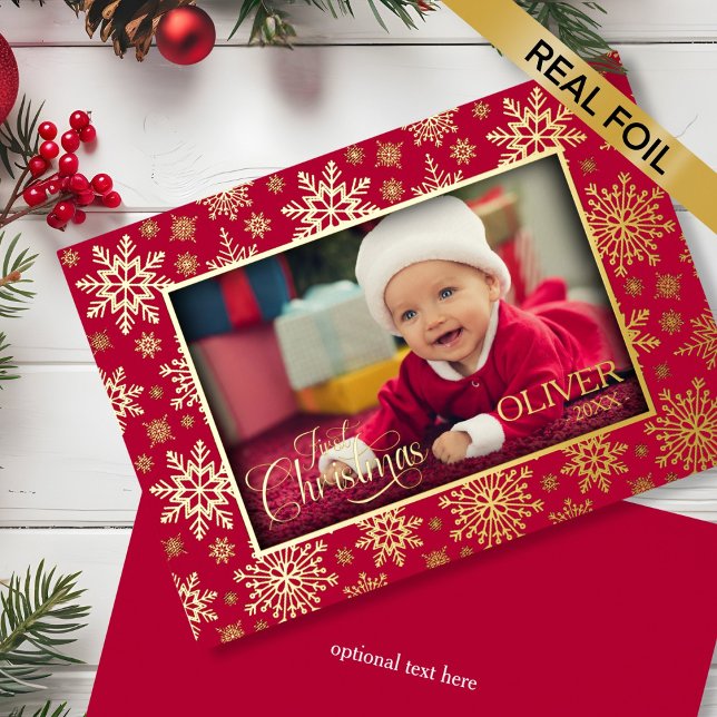 Snowflake Photo Frame (Snowflake Photo Frame Foil Holiday Card - gold and red)