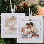 Snowflake Photo Frame Baby Birth Stats Lavender Ceramic Ornament<br><div class="desc">Baby birth stats photo ornament with delicate white snowflakes on a soft lavender background. The photo template is ready for you to add your baby photo, which is framed with your newborn birth stats. You can add the same photo or a different picture on the back, both of which are...</div>