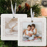 Snowflake Photo Frame Baby Birth Stats Natural Ceramic Ornament<br><div class="desc">Baby birth stats photo ornament with delicate white snowflakes on a soft natural background. The photo template is ready for you to add your baby photo, which is framed with your newborn birth stats. You can add the same photo or a different picture on the back, both of which are...</div>