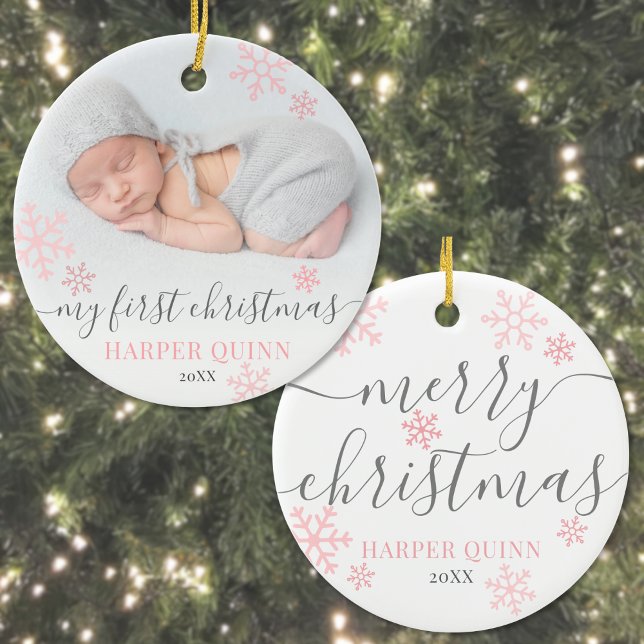 Snowflake Photo Girl Baby First Christmas Ceramic Tree Decoration (Snowflake Photo Girl Baby First Christmas Ceramic Ornament )