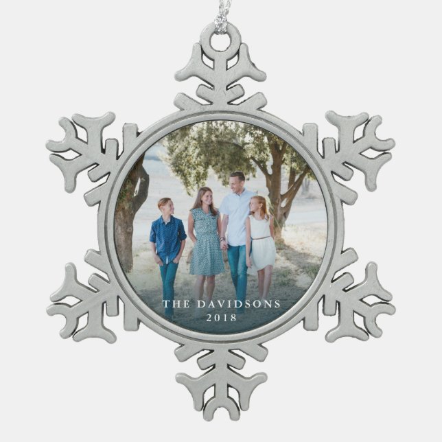 Snowflake Photo Ornament with Family Name (Front)