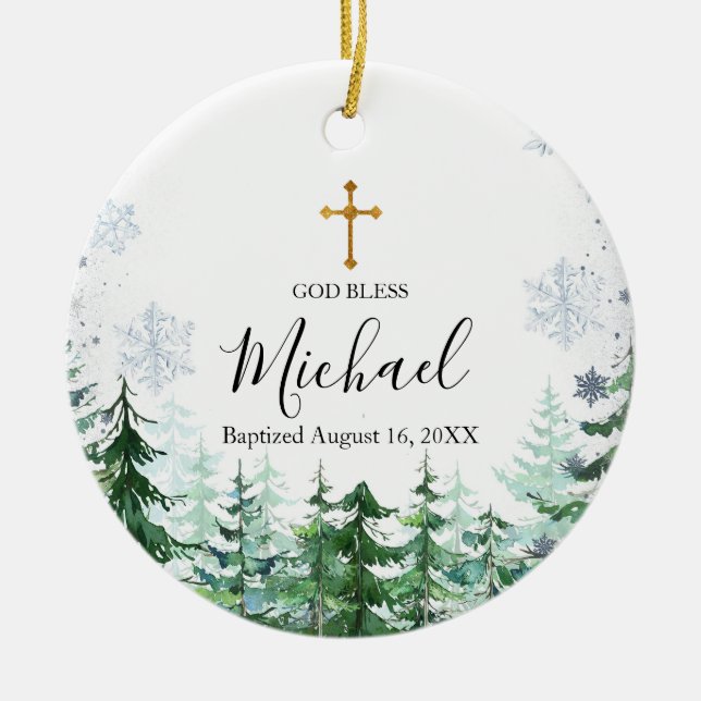 Snowflake Pine Tree Forest Baptism God Bless  Ceramic Tree Decoration (Front)