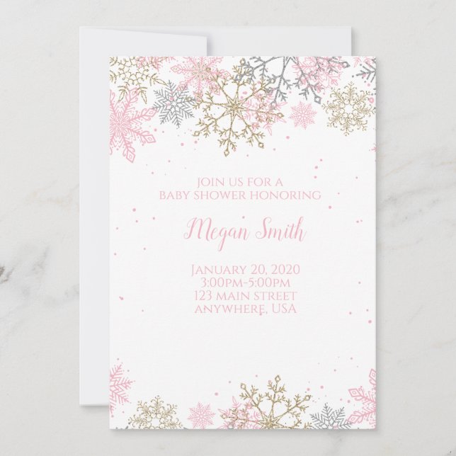Snowflake Pink and Gold Glitter Winter Baby Shower Invitation (Front)
