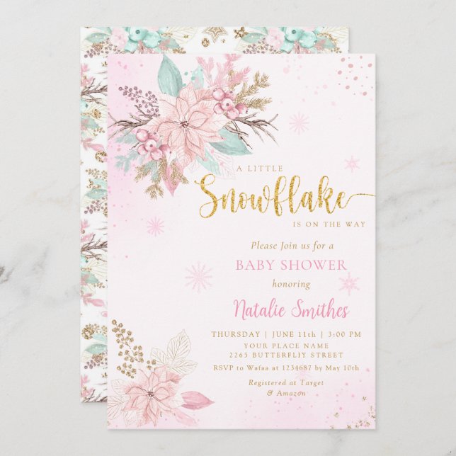 Snowflake Pink and Gold Glitter Winter Baby Shower Invitation (Front/Back)