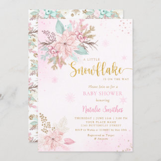 Snowflake Pink and Gold Glitter Winter Baby Shower Invitation