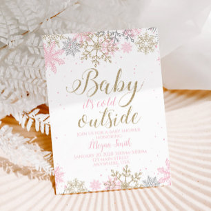 Snowflake Pink and Gold Glitter Winter Baby Shower Invitation