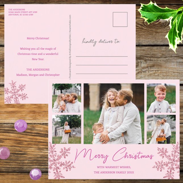 Snowflake Pink Glam 5 Family Photo Christmas Holiday Postcard (These five photo Christmas postcards in pink faux glitter snowflakes are a cute postage saver)