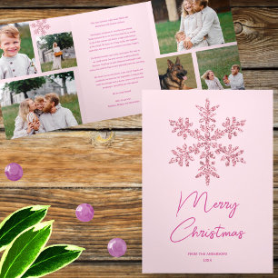 Snowflake Pink Glam 6 Pic Merry Multi Photo Tri-Fold Holiday Card