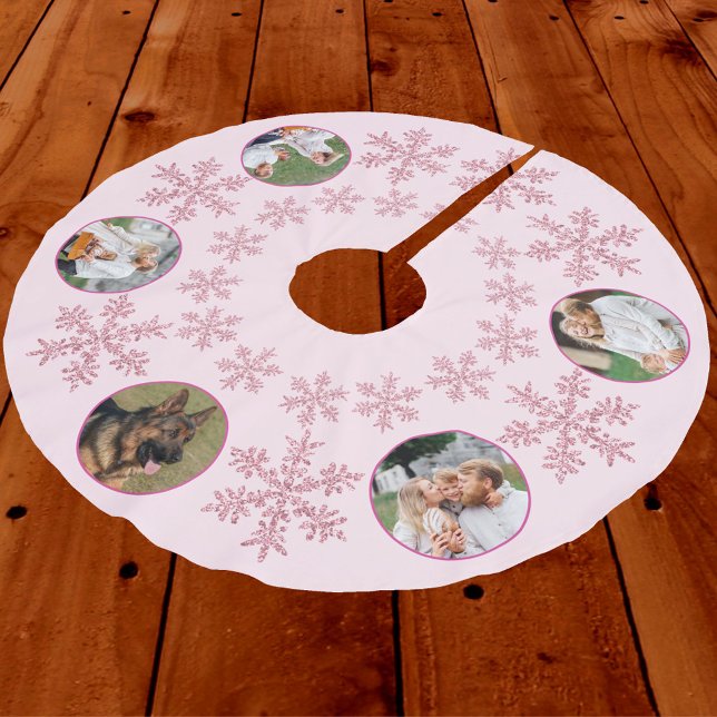 Snowflake Pink Glam Colourful 5 Photo Christmas Brushed Polyester Tree Skirt (Add 5 favorite photos to the pink snowflakes for a unique Christmas tree skirt)