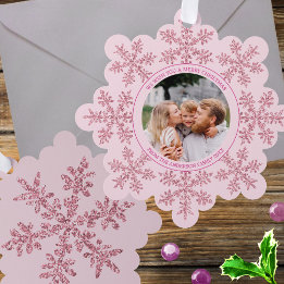 Snowflake Pink Glam Cute Family Photo Christmas Tree Decoration Card