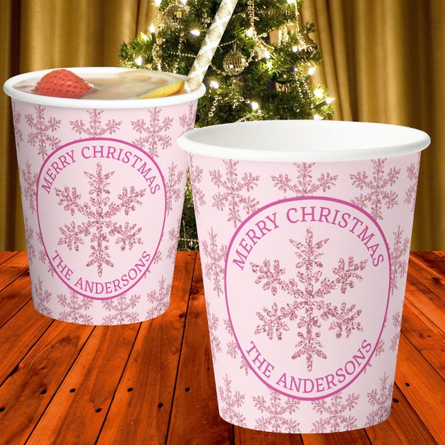 Snowflake Pink Glam Cute Festive Christmas Paper Cups (From egg nog to holiday punch, these custom Christmas paper cups with pink snowflakes are so festive)