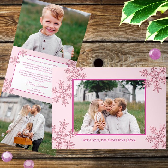 Snowflake Pink Glam Elegant 5 Photo Collage Tri-Fold Holiday Card (Trendy tri-fold Christmas cards in pink with faux glitter pink snowflakes and your favorite photos)