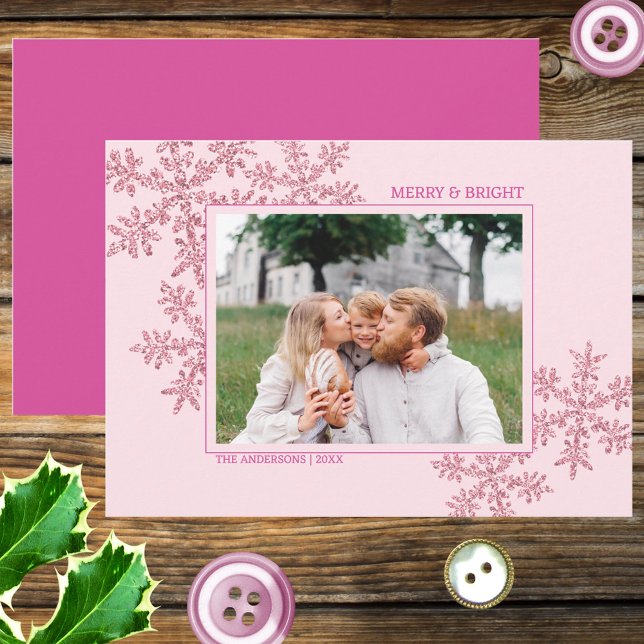 Snowflake Pink Glam Elegant Christmas Photo Holiday Card (Customize this elegant Christmas photo greeting card with faux glitter pink snowflakes)