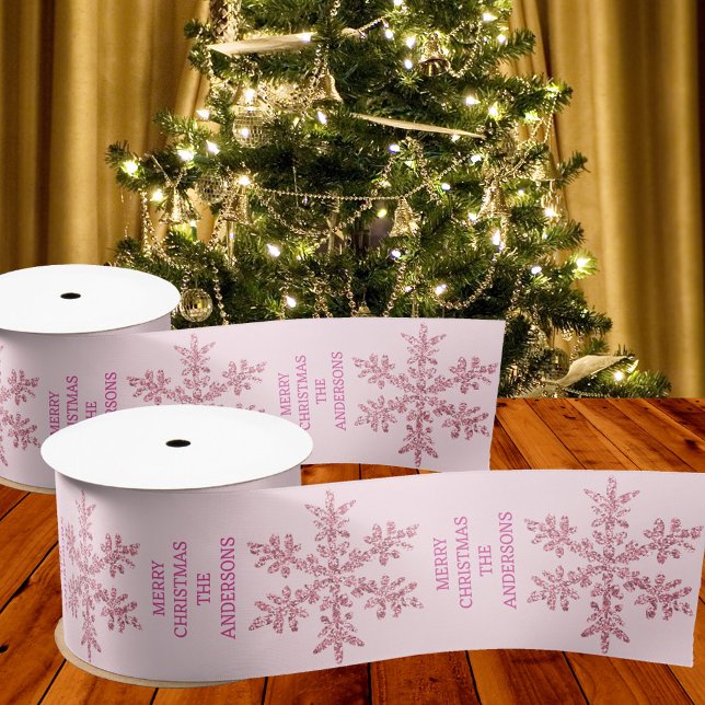 Snowflake Pink Glam Elegant Trendy Christmas Satin Ribbon (Add your text to this glam faux glitter pink snowflake ribbon and add a designer touch to your gifts)
