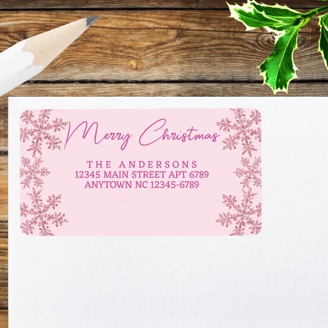 Snowflake Pink Glam Modern Script Christmas Label (Use as jumbo return address labels, envelope seals on the back or as regular address labels)