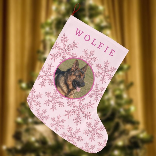 Snowflake Pink Glam Simple Cute Kid Or Pet Photo Large Christmas Stocking (Double sided faux glitter pink snowflake Christmas stocking fun for pets and kids)