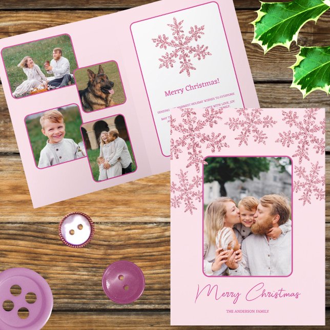 Snowflake Pink Glam Trendy Script Chic 5 Photo Holiday Card (Display five of your photo favorites in these faux sparkle pink snowflake folded Christmas cards)