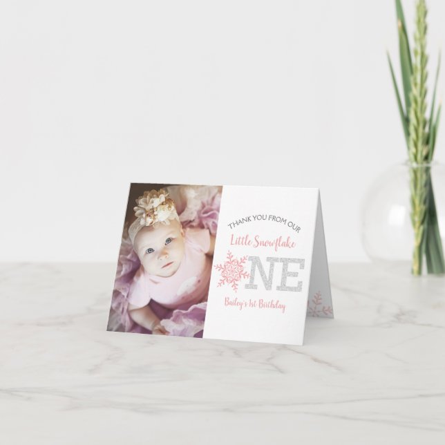 Snowflake Pink Glitter 1st Birthday Girl Thank You Card (Front)