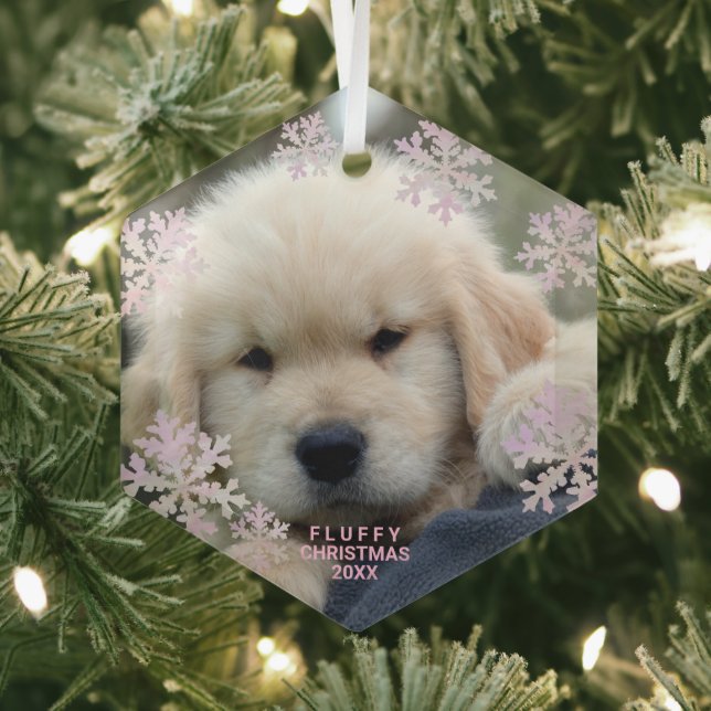 Snowflake Pink Opal Elegant Minimalist Photo Glass Tree Decoration (Insitu)