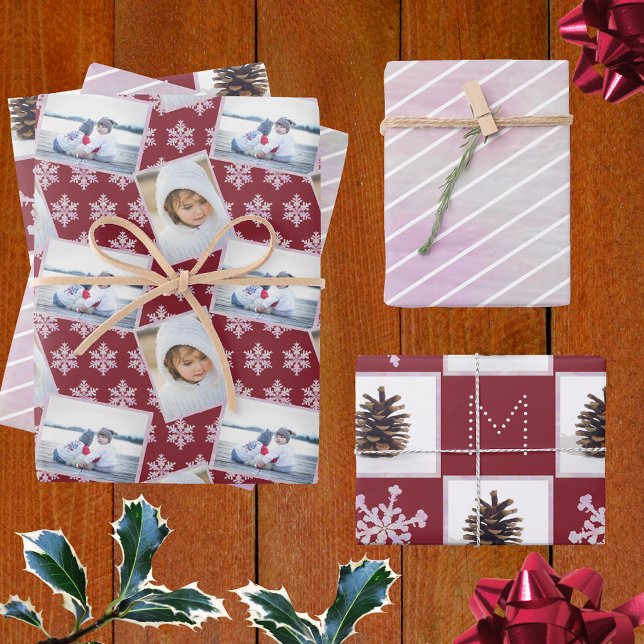 Snowflake Pink Opal Pinstripes 3 Photo Christmas Wrapping Paper Sheet (Creator Uploaded)