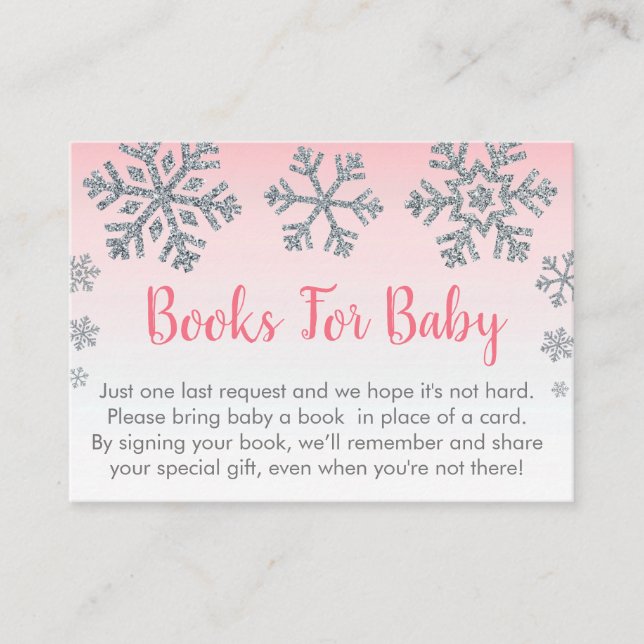 Snowflake Pink & Silver Baby Book Request Cards (Front)