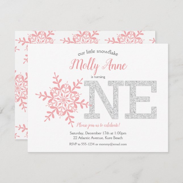 Snowflake Pink Silver Glitter Winter 1st Birthday Invitation (Front/Back)