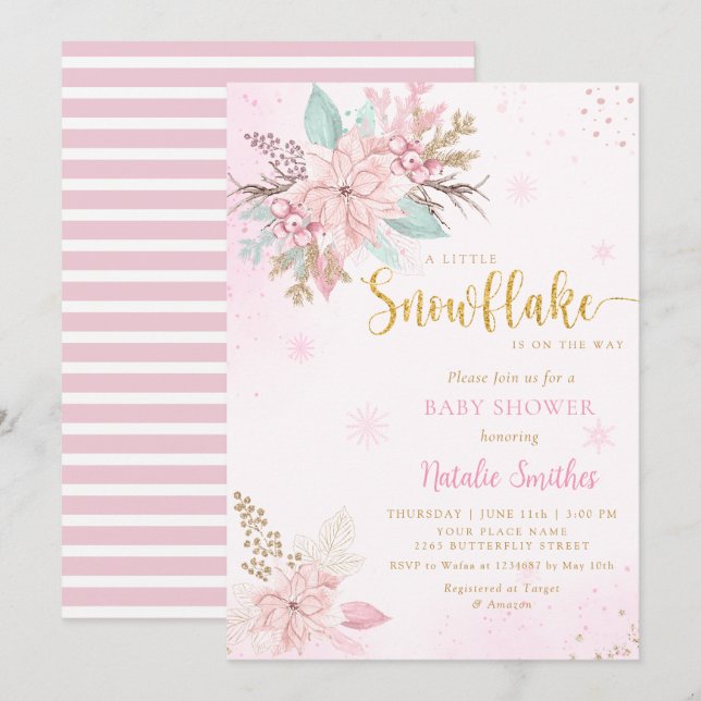 Snowflake Pink Watercolor Winter Girl Baby Shower Invitation (Front/Back)
