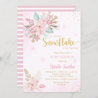 Snowflake Pink Watercolor Winter Girl Baby Shower Invitation