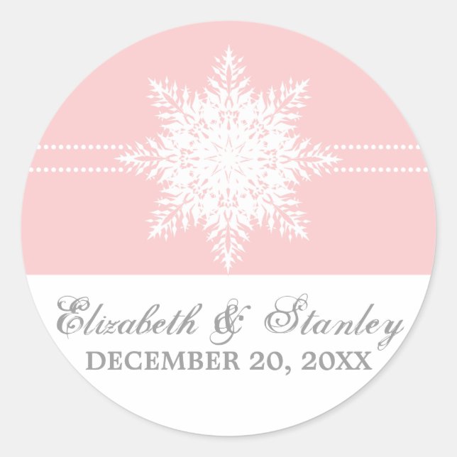 Snowflake pink winter wedding Save the Date Classic Round Sticker (Front)