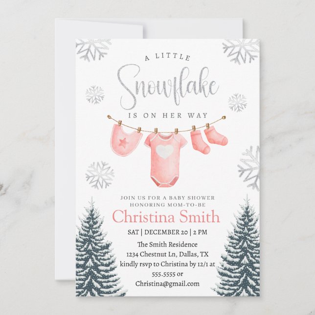 Snowflake Pink Winter Wonderland Baby Girl Shower Invitation (Front)