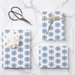 Snowflake Plaid Pattern Blue Holiday Wrapping Paper Sheet