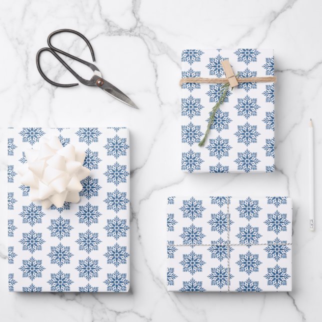 Snowflake Plaid Pattern Blue Holiday Wrapping Paper Sheet (Front)