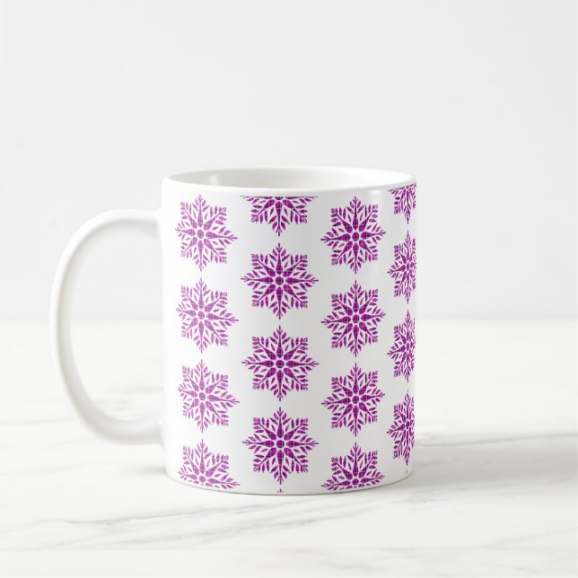 Snowflake Plaid Pattern Pink Holiday Coffee Mug (Left)