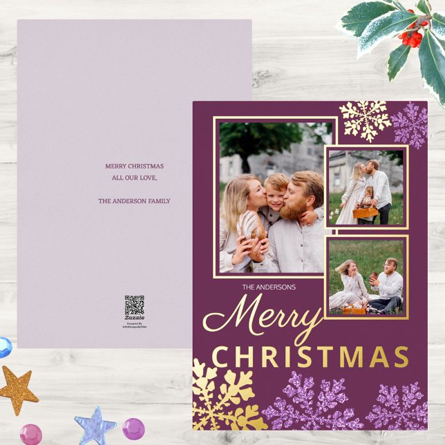 Snowflake Plum Bling 3 Photo Collage Gold (Add your 3 photo collage to these dark purple Christmas cards with real gold foil printing)