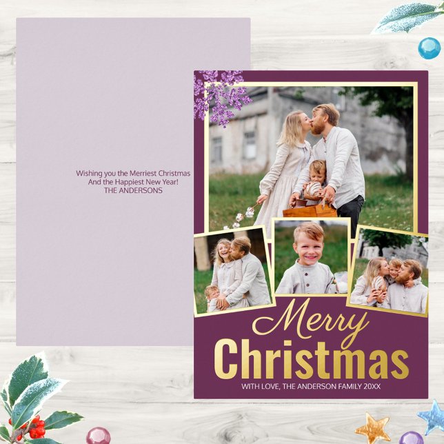 Snowflake Plum Bling 4 Photo Collage Gold (Custom Christmas cards with your 4 photo collage, unexpected plum purple and real gold foil accents)