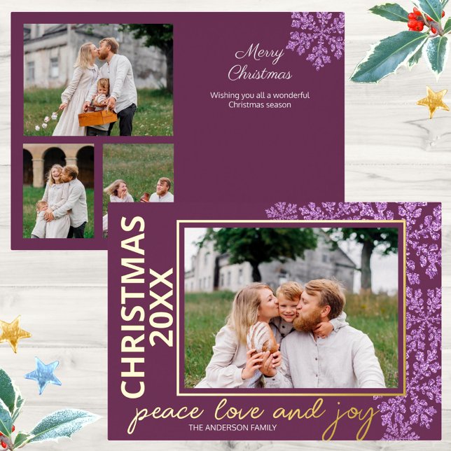 Snowflake Plum Bling 4 Photo Year Chic Gold (Faux glitter snowflakes and real gold foil printing makes these purple Christmas cards stand out)
