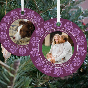 Snowflake Plum Bling Chic 2 Photo Double Sided Metal Tree Decoration
