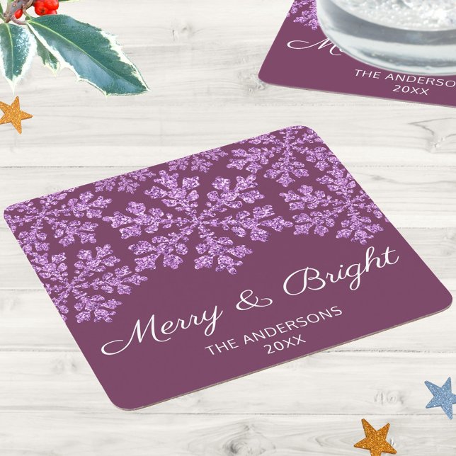 Snowflake Plum Bling Chic Elegant Holiday Party Square Paper Coaster (These festive paper coasters with faux glitter snowflakes on a dark purple background add elegance)