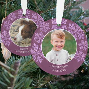 Snowflake Plum Bling Cute 2 Photo Christmas Ornament