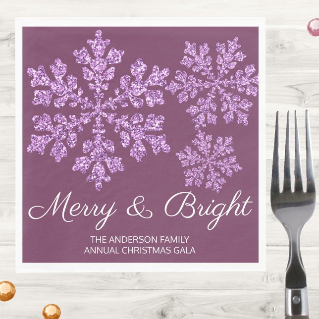 Snowflake Plum Bling Minimal Christmas Party Napkin (Personalize these Merry & Bright Christmas personalized paper napkins in dark purple with snowflakes)