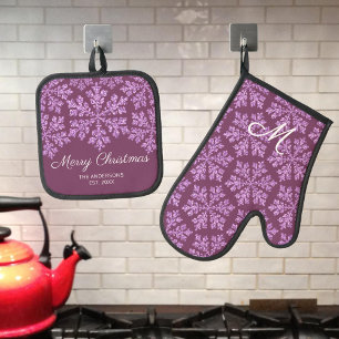 Snowflake Plum Bling Monogrammed Christmas Oven Mitt & Pot Holder Set